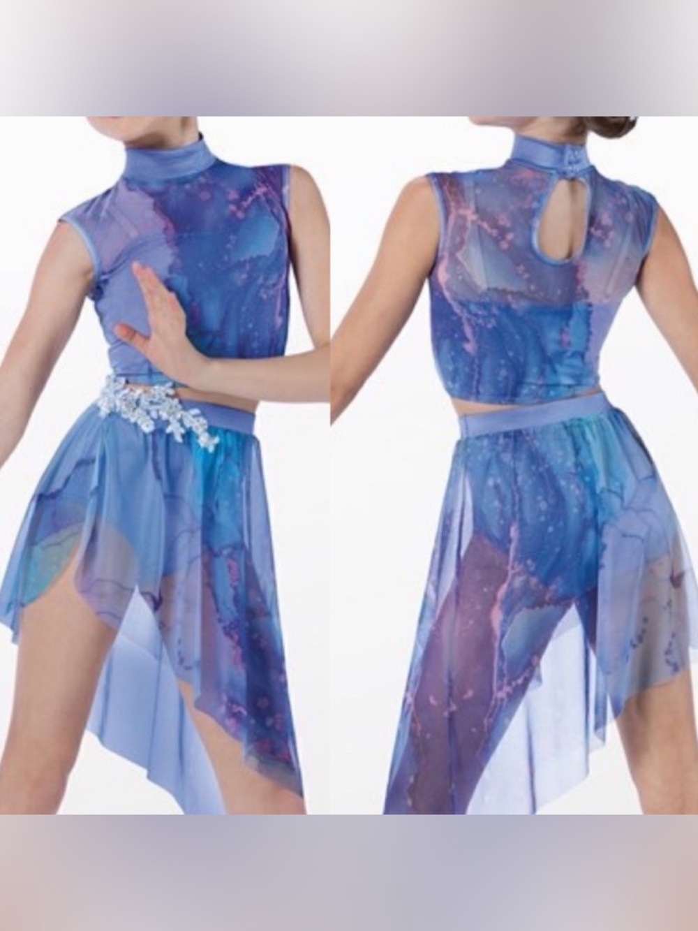 Weissman dance costume 2 piece mesh top skirt Blue tie-dye 14113 LC-large child